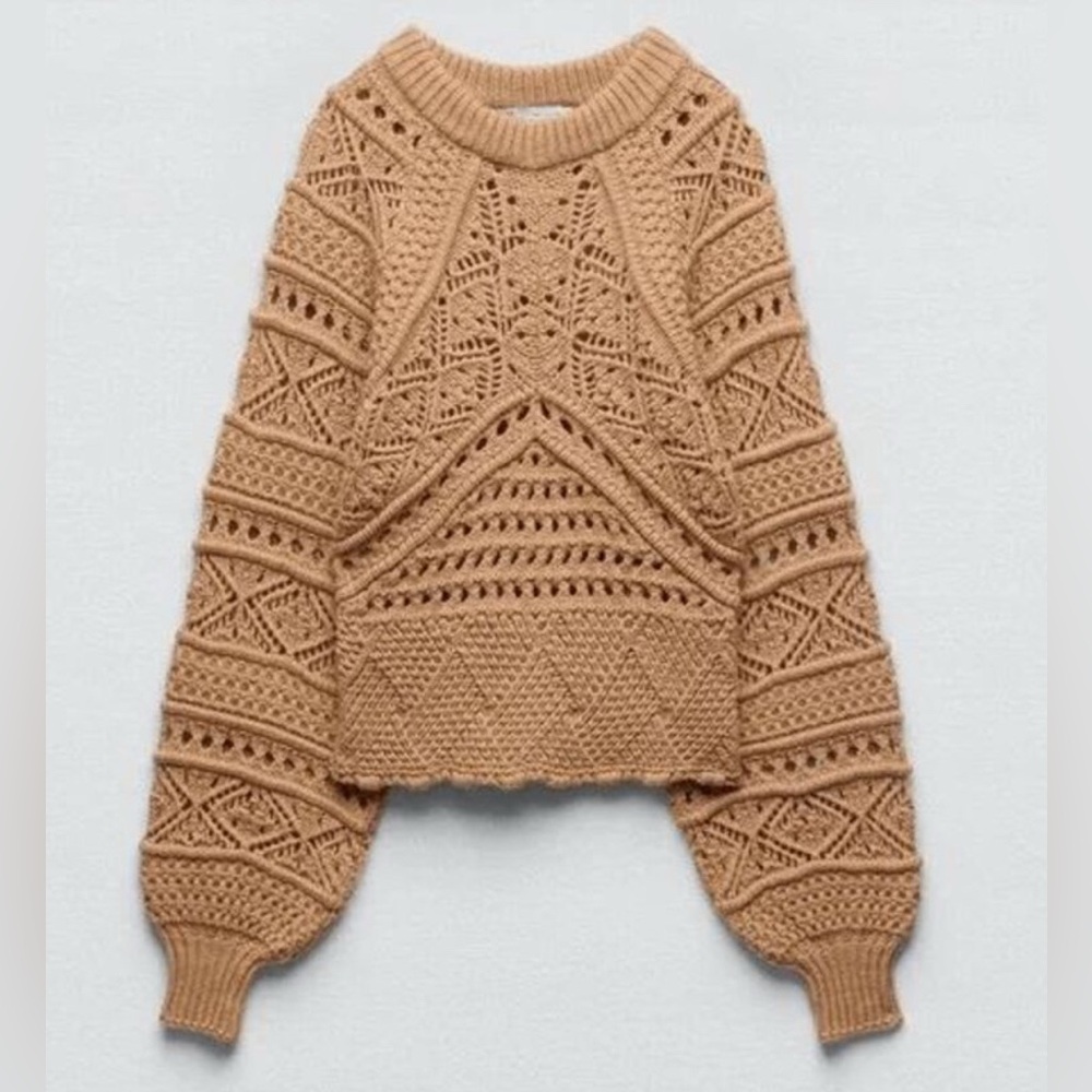 ZARA Wool Brown Chunky Crochet 3D Open Knit Balloon Sleeve Pullover Sweater sz S